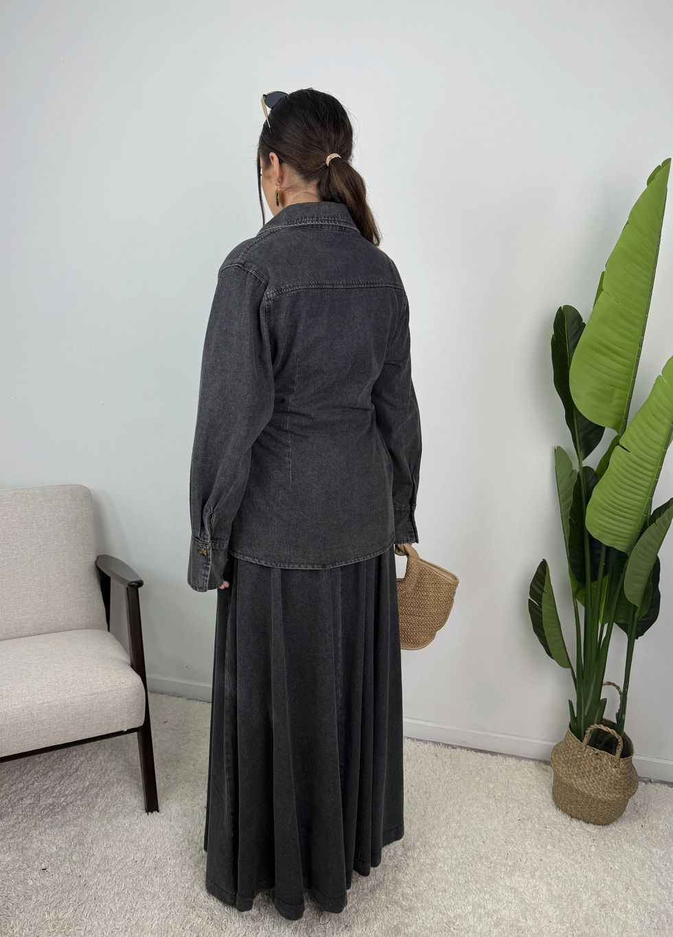 Jeanne Cotton Denim Wrap Shirt and Pleated Skirt Set