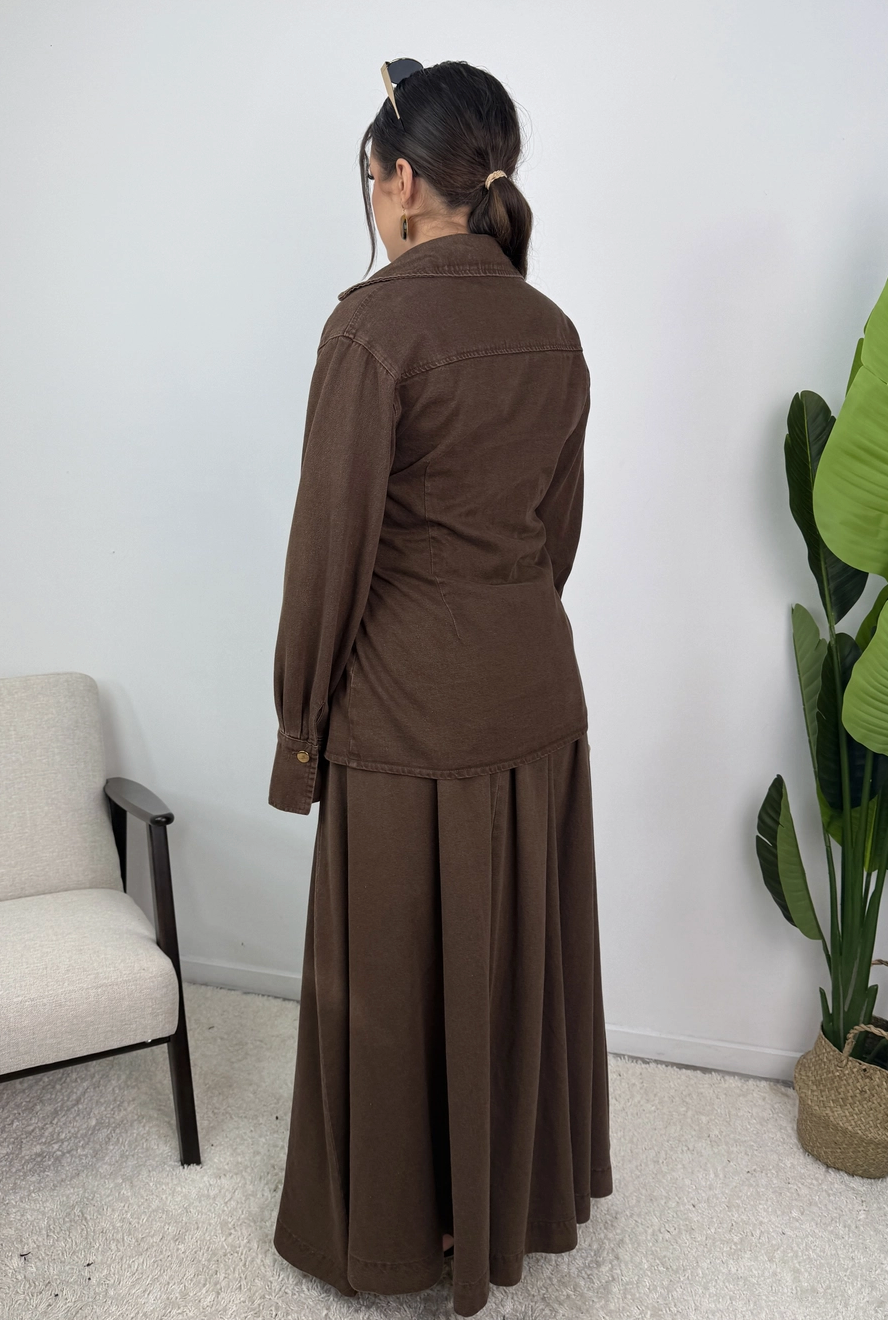 Jeanne Cotton Denim Wrap Shirt and Pleated Skirt Set