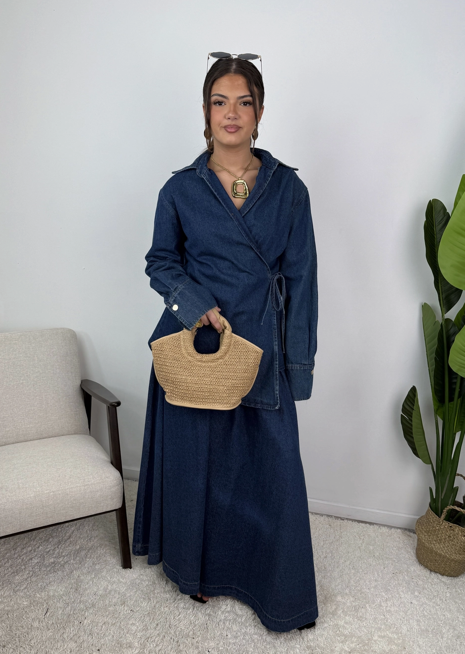 Jeanne Cotton Denim Wrap Shirt and Pleated Skirt Set