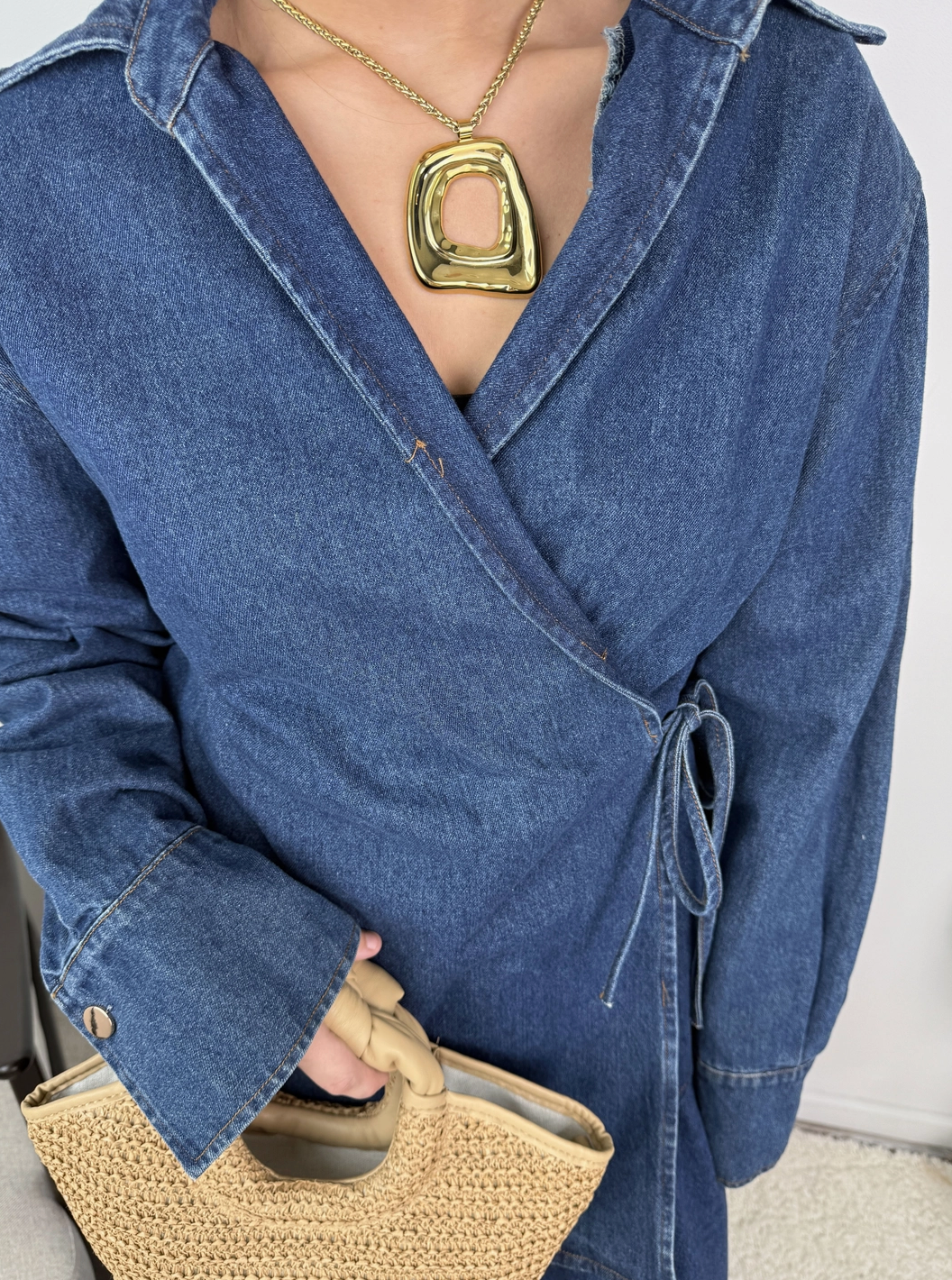 Jeanne Cotton Denim Wrap Shirt and Pleated Skirt Set