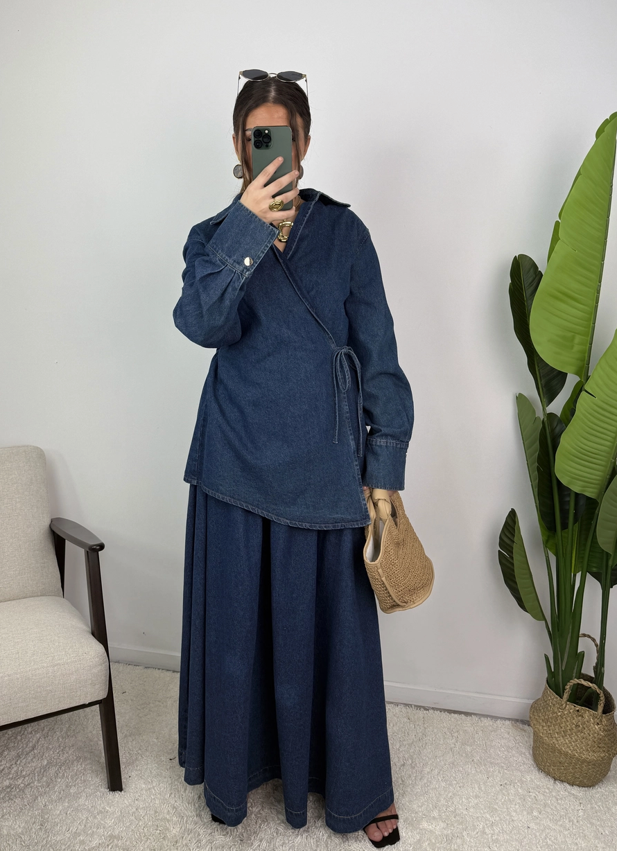 Jeanne Cotton Denim Wrap Shirt and Pleated Skirt Set