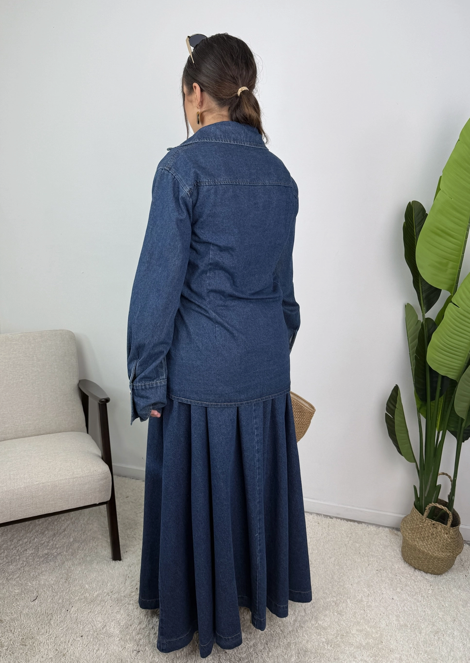 Jeanne Cotton Denim Wrap Shirt and Pleated Skirt Set