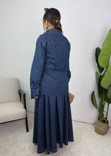 Jeanne Cotton Denim Wrap Shirt and Pleated Skirt Set