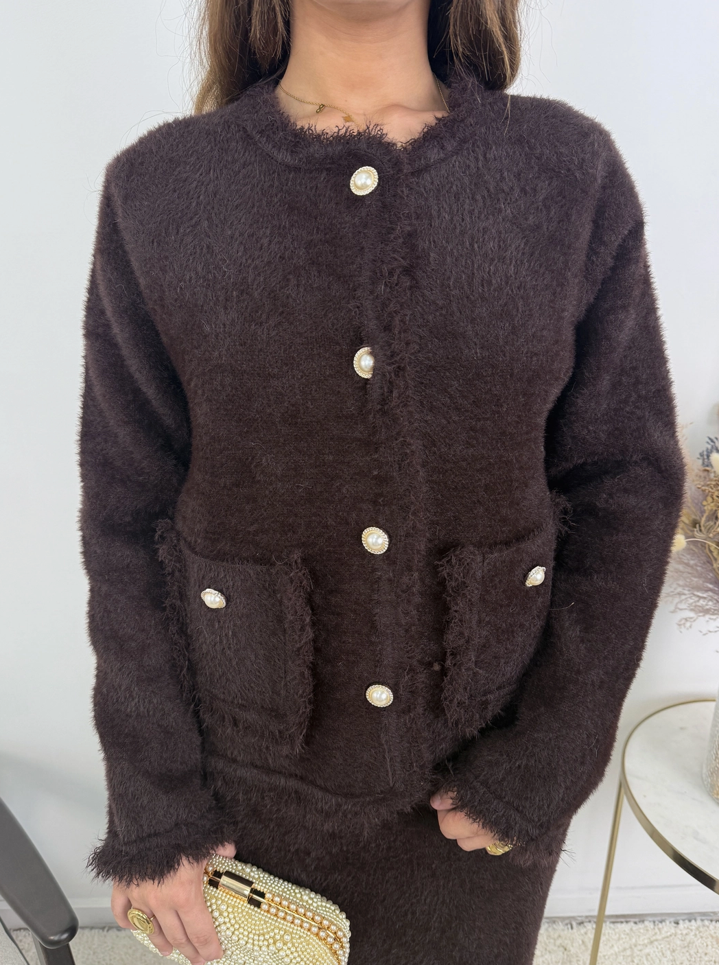 Céleste Jewel Button Fluffy Knit Cardigan and Skirt Set