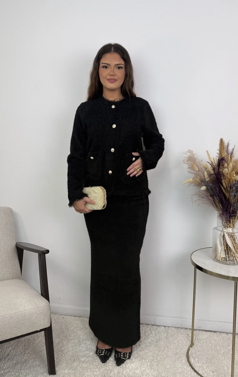 Céleste Jewel Button Fluffy Knit Cardigan and Skirt Set