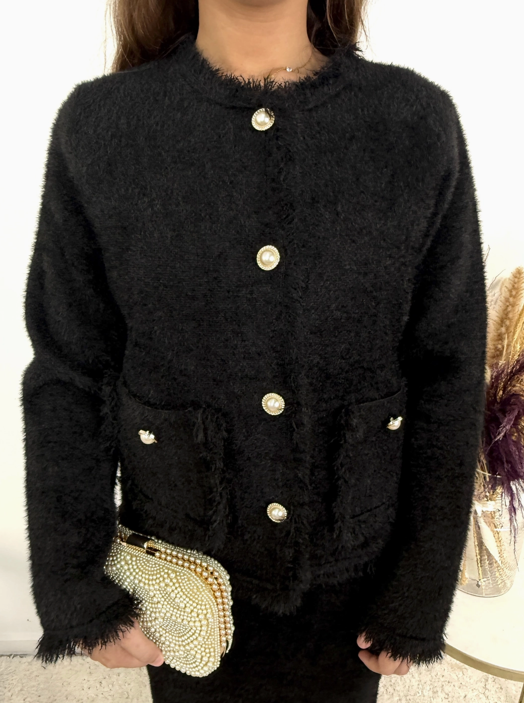 Céleste Jewel Button Fluffy Knit Cardigan and Skirt Set