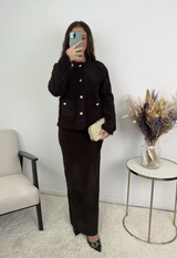 Céleste Jewel Button Fluffy Knit Cardigan and Skirt Set