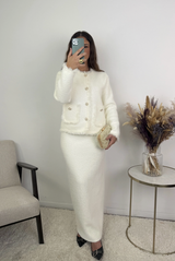 Céleste Jewel Button Fluffy Knit Cardigan and Skirt Set