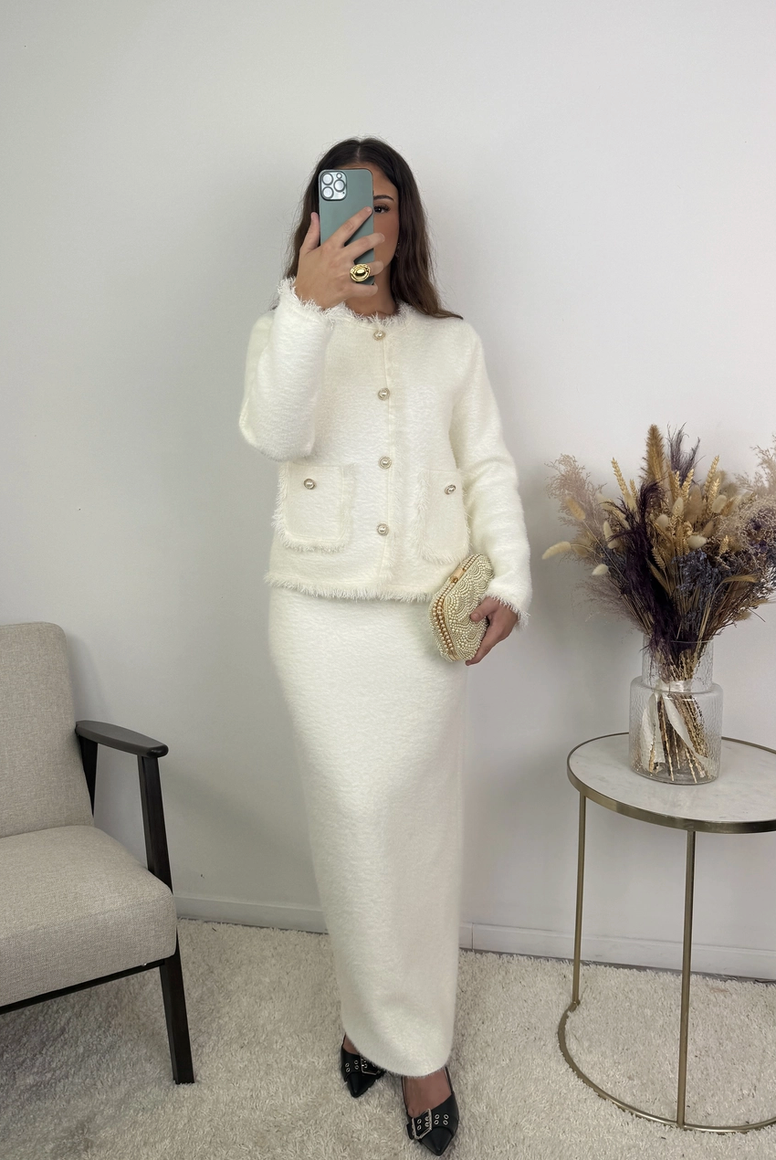 Céleste Jewel Button Fluffy Knit Cardigan and Skirt Set