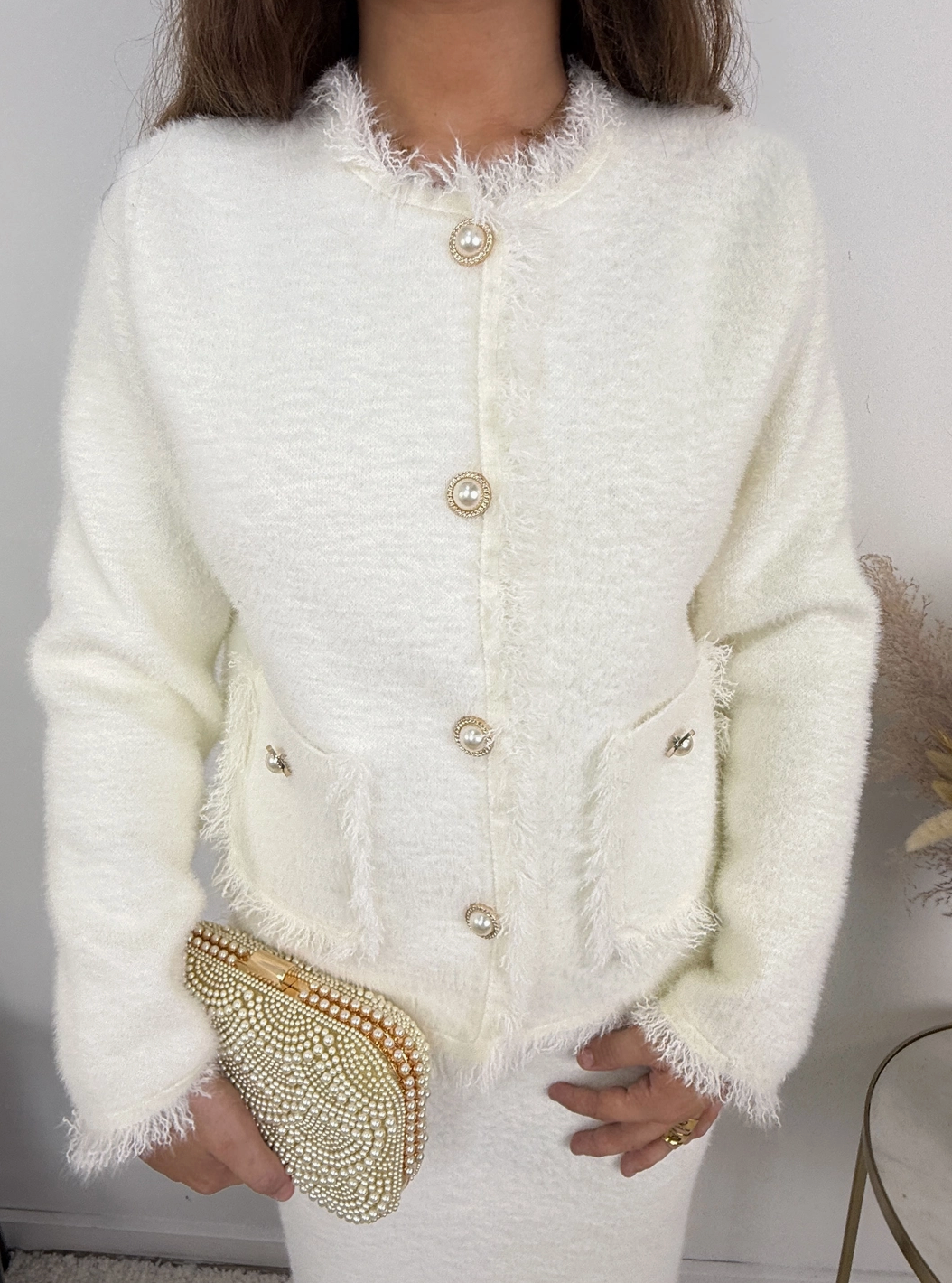 Céleste Jewel Button Fluffy Knit Cardigan and Skirt Set