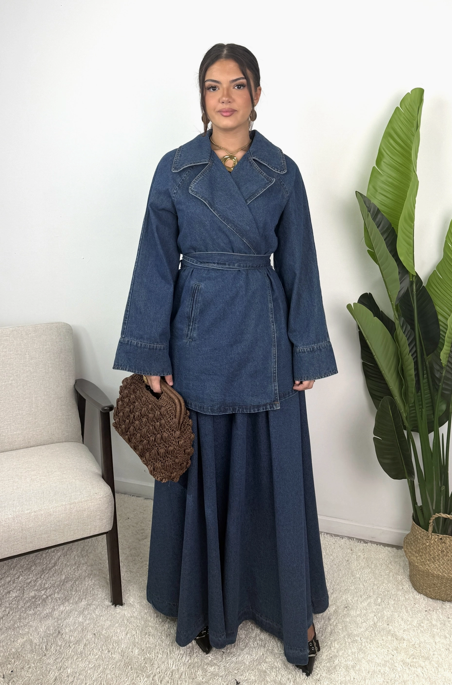 Daryna Belted Cotton Denim Jacket and Flared Skirt Set