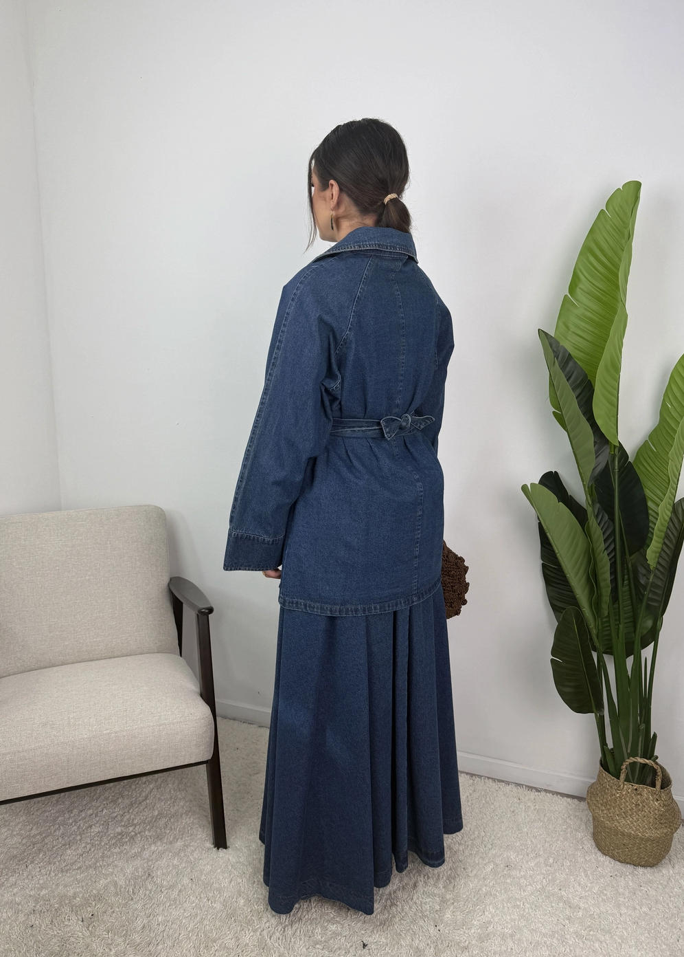 Daryna Belted Cotton Denim Jacket and Flared Skirt Set