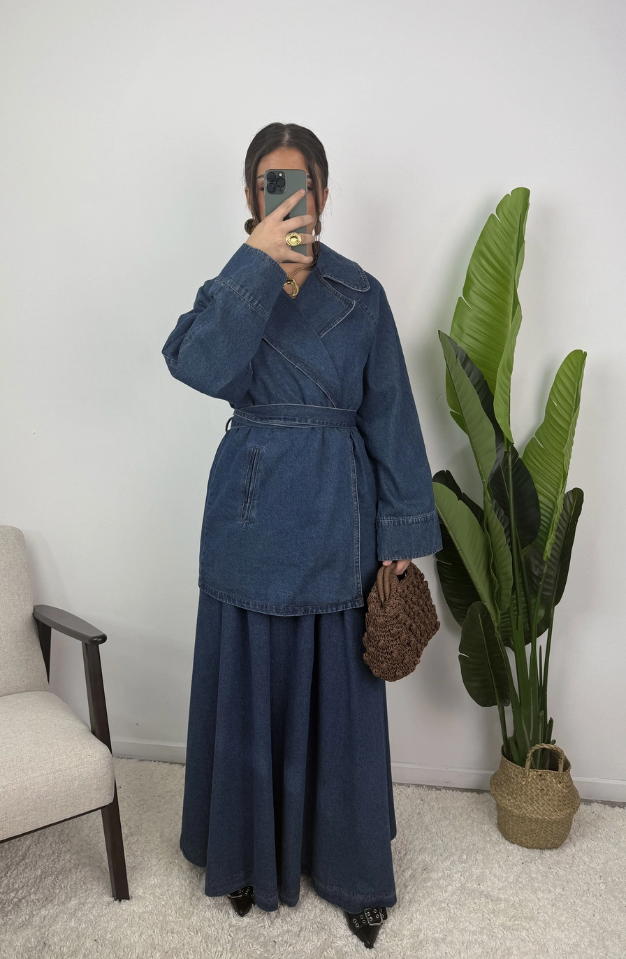 Daryna Belted Cotton Denim Jacket and Flared Skirt Set