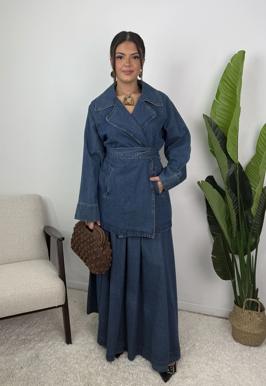 Daryna Belted Cotton Denim Jacket and Flared Skirt Set