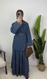 Daryna Belted Cotton Denim Jacket and Flared Skirt Set