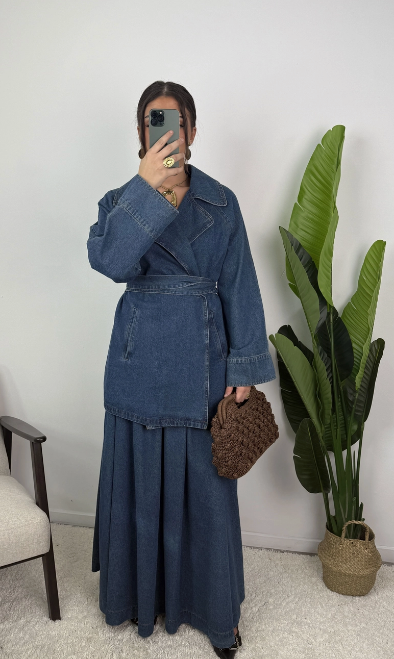 Daryna Belted Cotton Denim Jacket and Flared Skirt Set