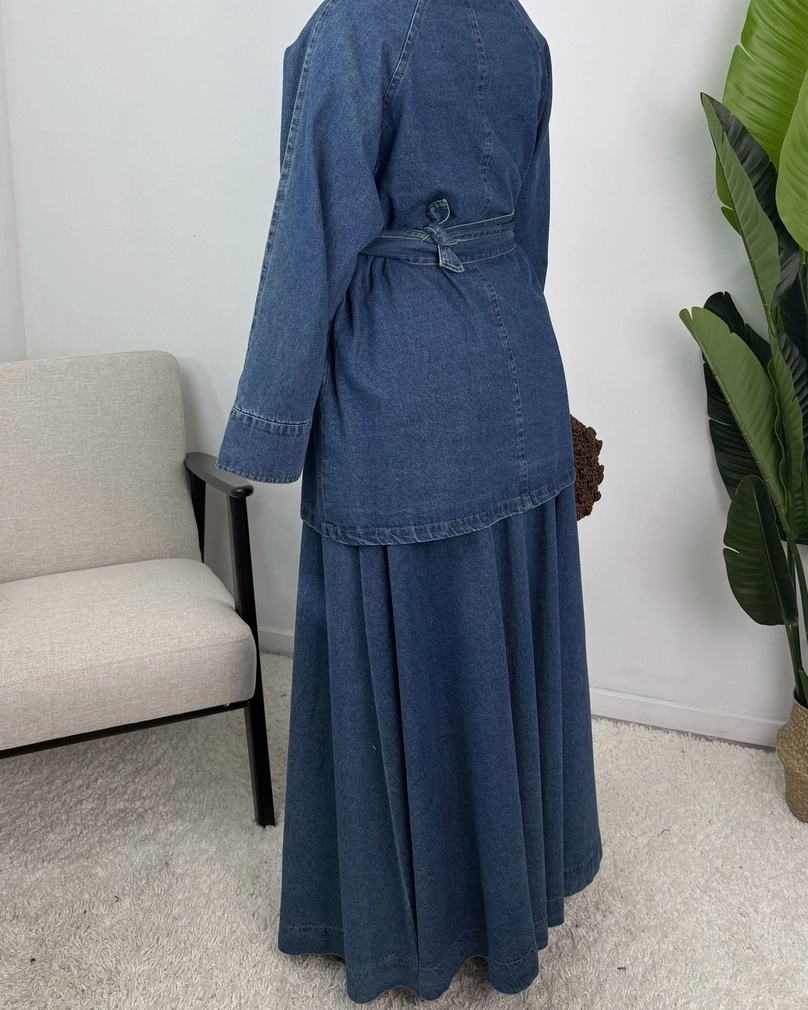 Daryna Belted Cotton Denim Jacket and Flared Skirt Set