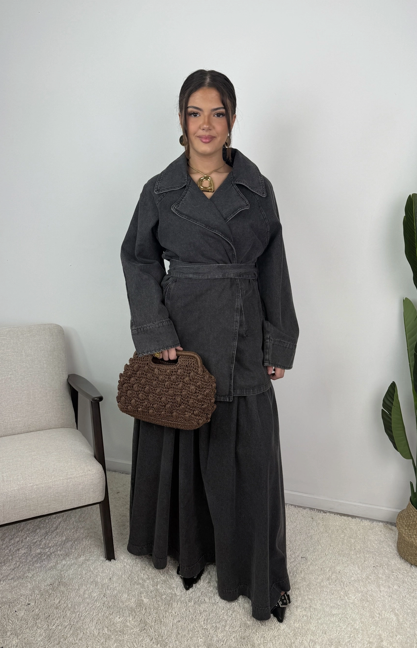 Daryna Belted Cotton Denim Jacket and Flared Skirt Set