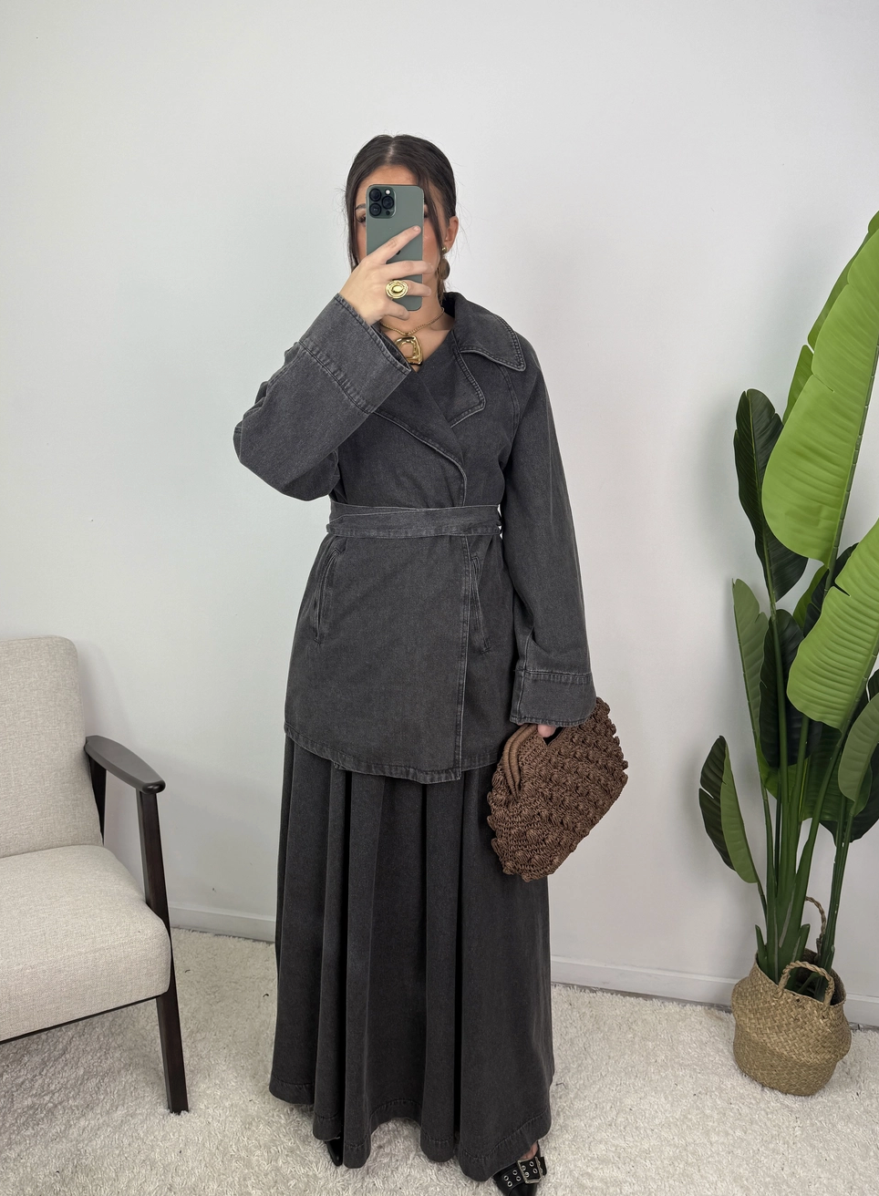 Daryna Belted Cotton Denim Jacket and Flared Skirt Set