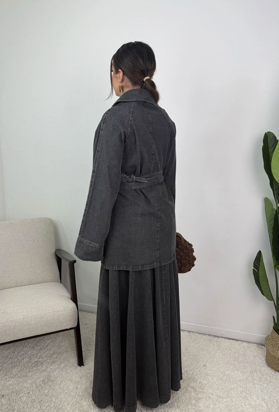 Daryna Belted Cotton Denim Jacket and Flared Skirt Set
