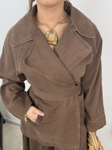 Daryna Belted Cotton Denim Jacket and Flared Skirt Set