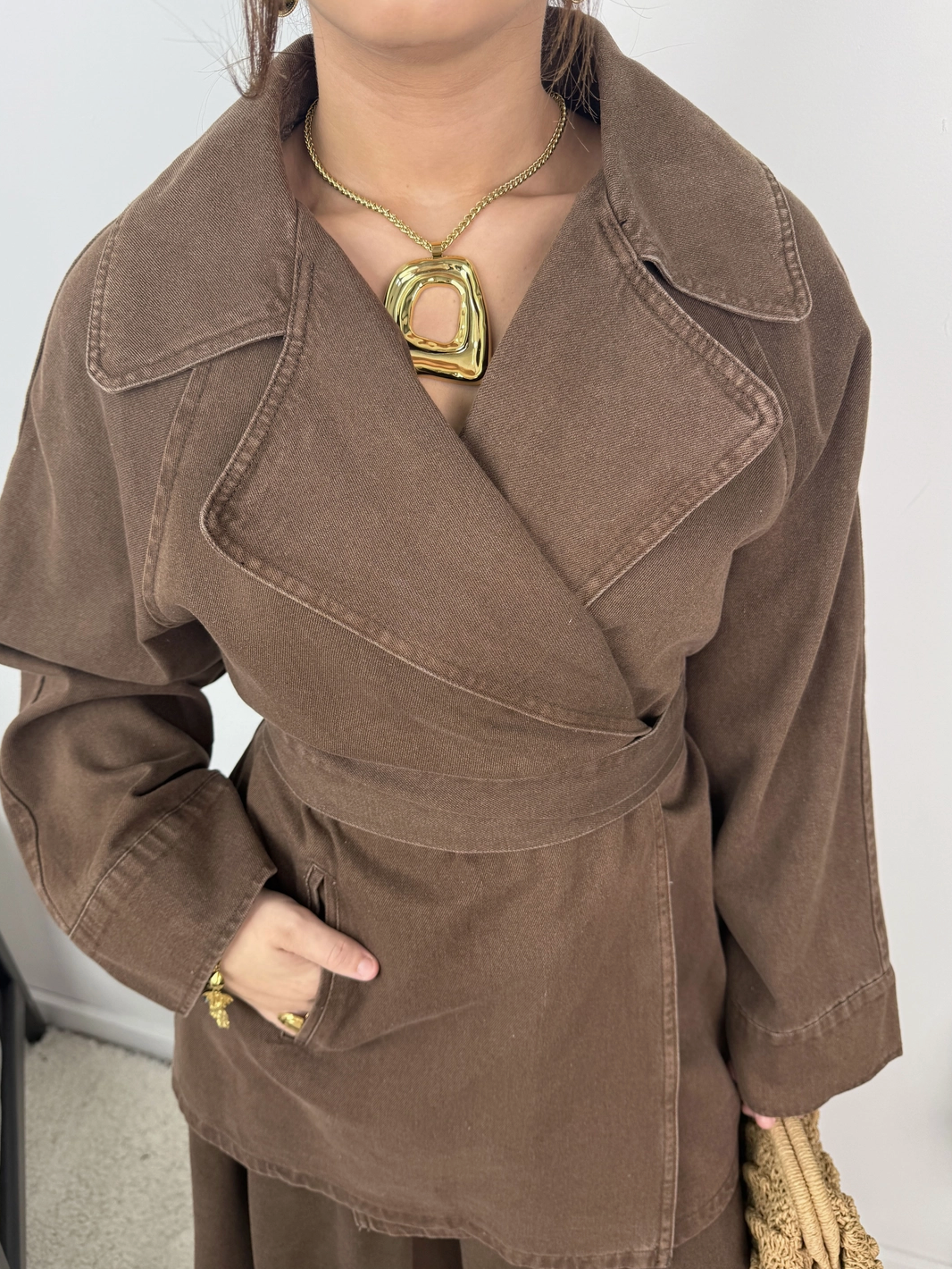 Daryna Belted Cotton Denim Jacket and Flared Skirt Set