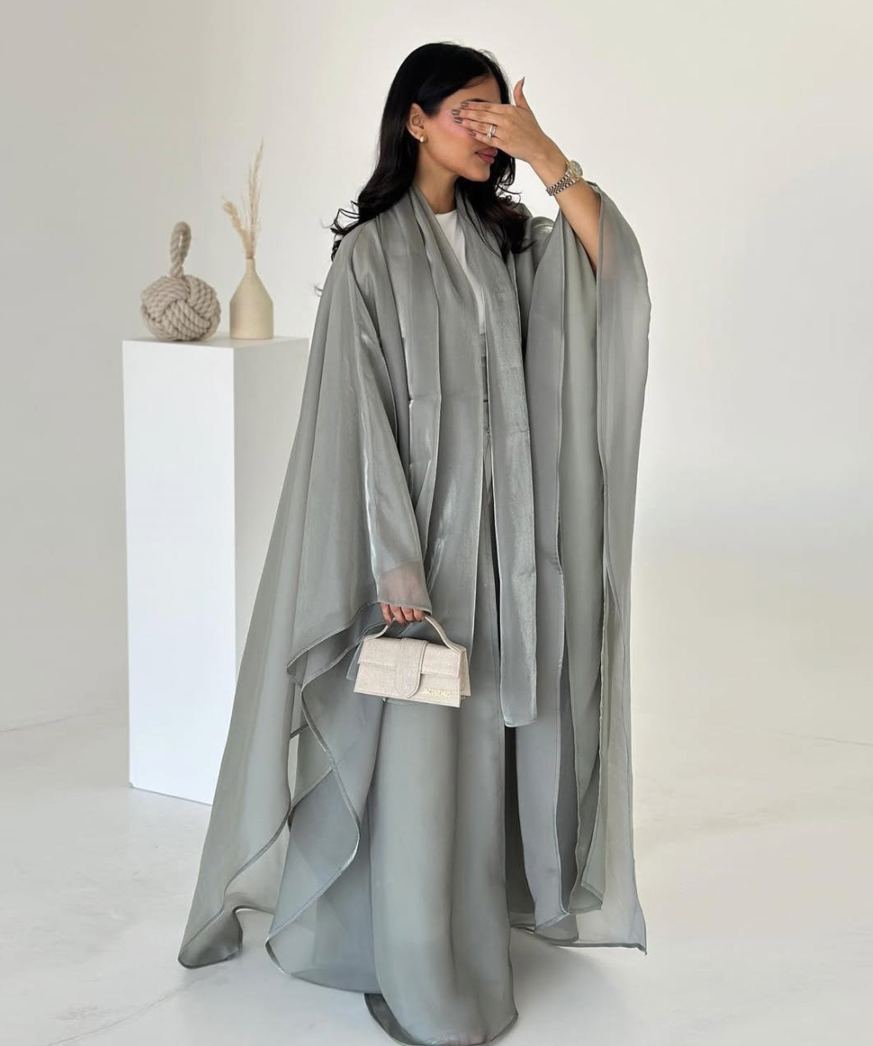 Amina Silver Grey Satin Khimar Abaya Set