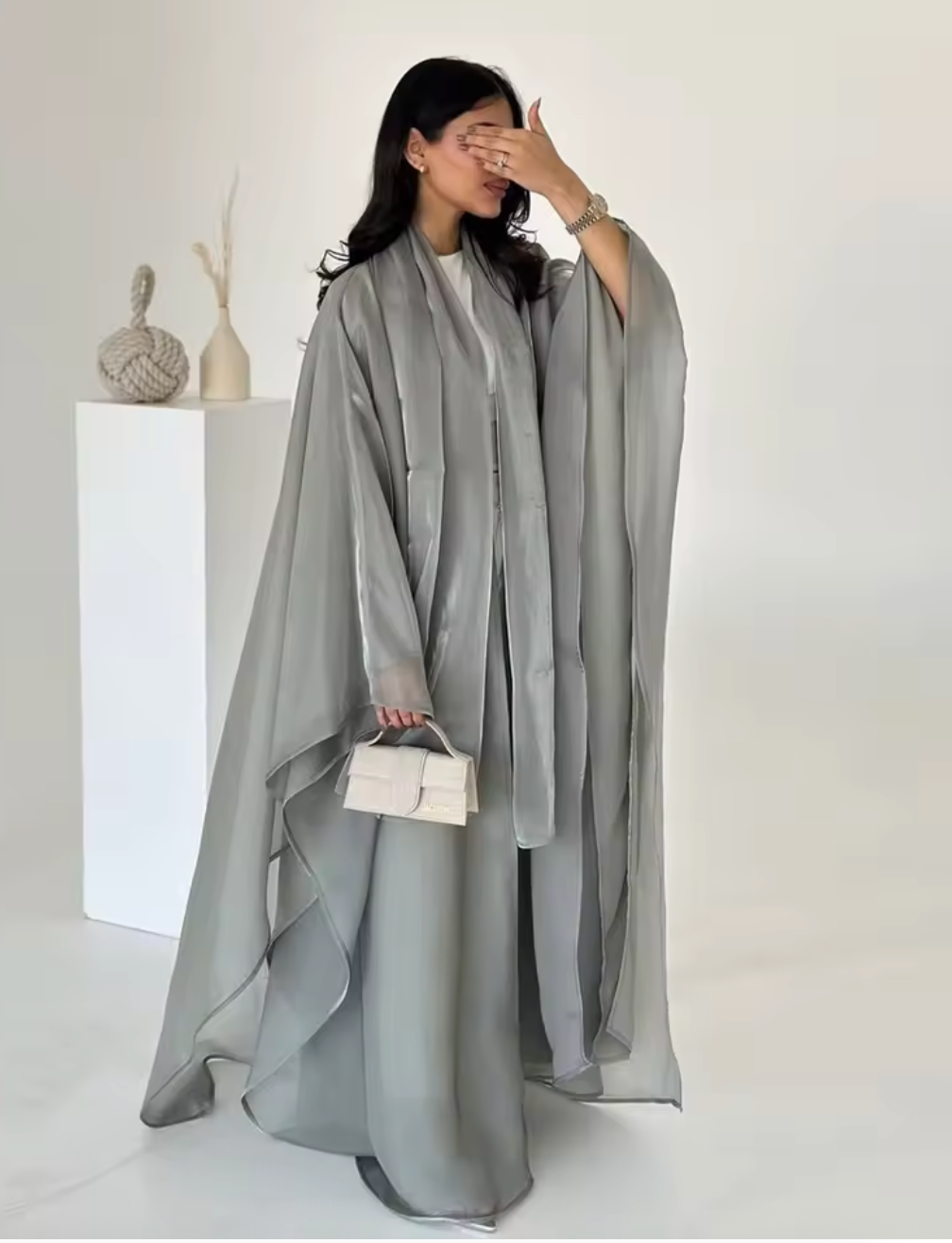 Amina Silver Grey Satin Khimar Abaya Set