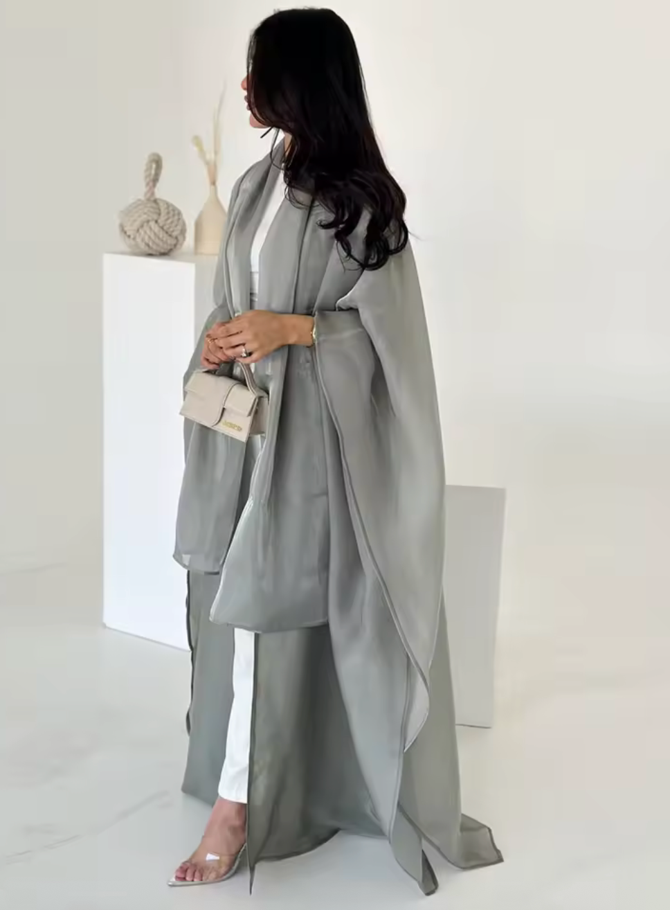 Amina Silver Grey Satin Khimar Abaya Set