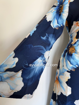 Navy Blue Floral Abaya Dress with Flared Sleeves