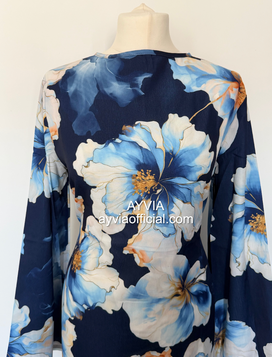 Navy Blue Floral Abaya Dress with Flared Sleeves