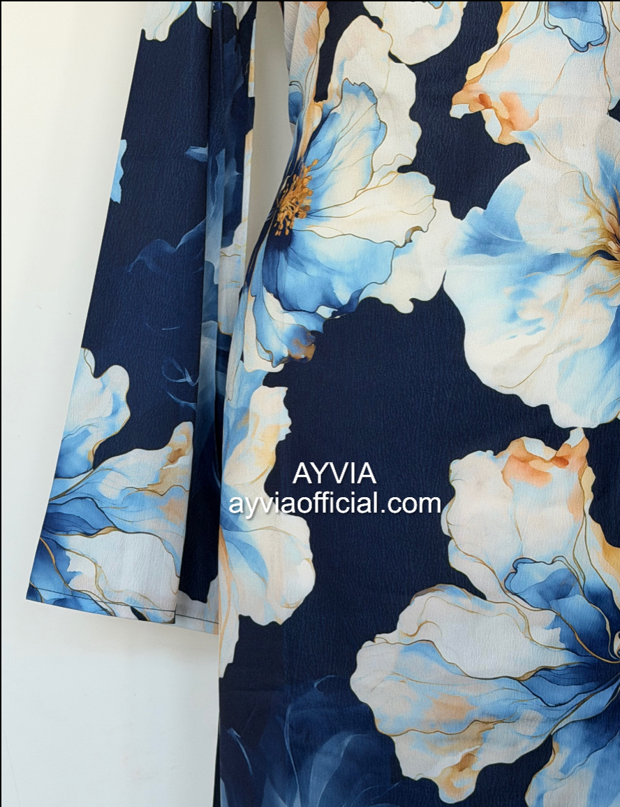 Navy Blue Floral Abaya Dress with Flared Sleeves