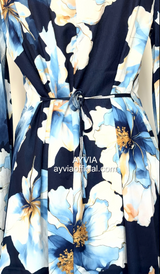 Navy Blue Floral Abaya Dress with Flared Sleeves