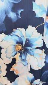 Navy Blue Floral Abaya Dress with Flared Sleeves